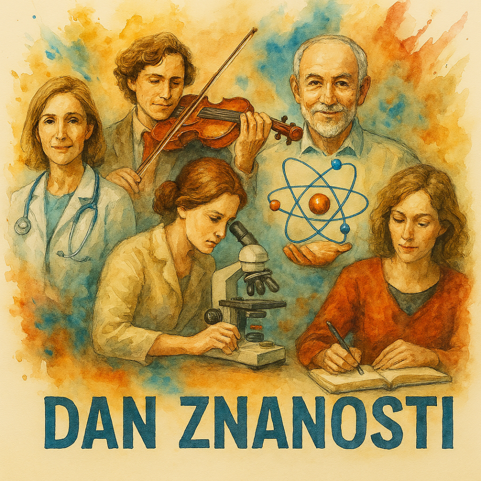 Tematska slika, ki prikazuje različne znanstvenike s podpisom - dan znanosti.