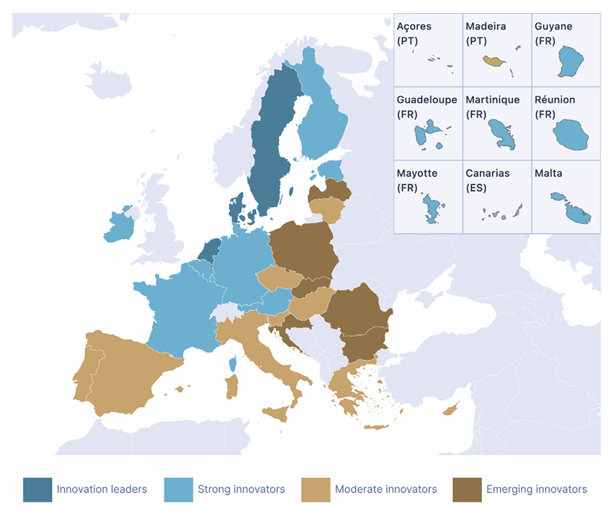 Zemljevid držav članic EU, razvrščenih v štiri skupine glede na inovacijsko uspešnost v Evropskem inovacijskem indeksu 2026; Slovenija je uvrščena med zmerne inovatorke.