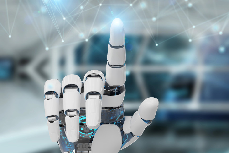 White robot hand using digital network connection CP