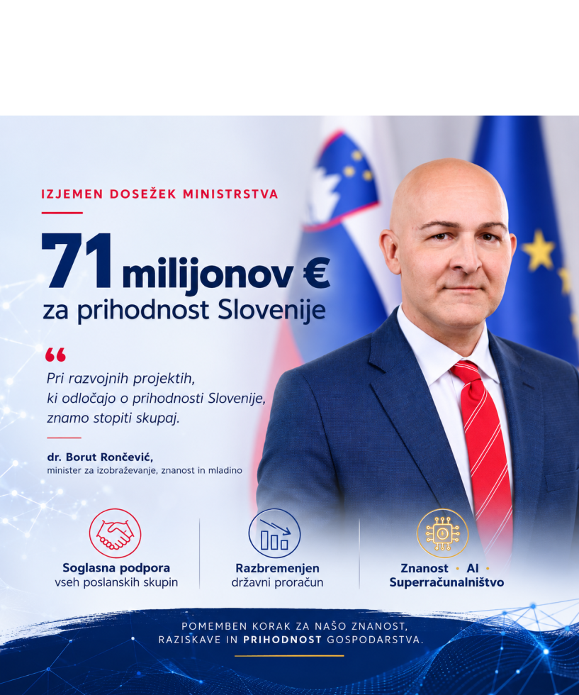 Infografika z uradnim portretom ministra Rončevića pred slovensko in evropsko zastavo.