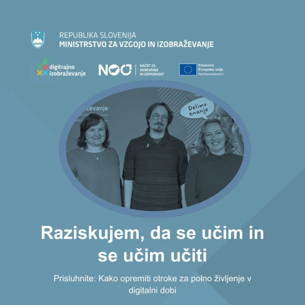 Na grafiki so na sliki vsi trije sogovorniki, dodan je napis: "Raziskujem, da se učim in se učim učiti", ki povzema vsebino podkasta.