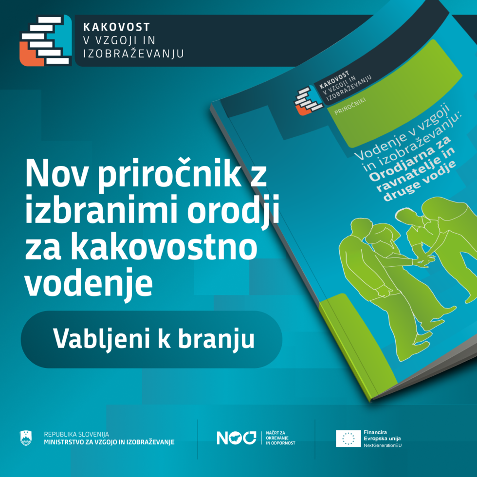 Infografika z napisom: Nov priročnik z izbranimi orodji za kakovostno vodenje.