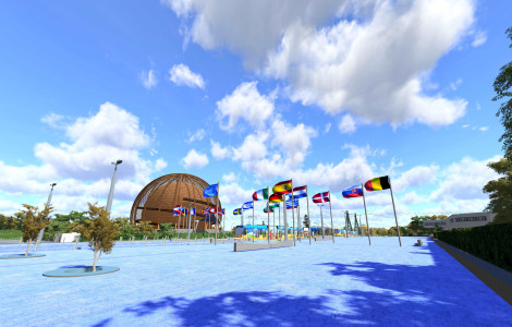 Zastave držav članic v Ženevi na Esplanade des Particules. (The Esplanade des Particules in front of the main CERN building, where the flags of the member states are displayed.)