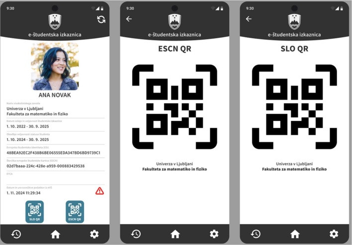 Trije posnetki zaslona uporabniškega vmesnika digitalne študentske izkaznice, pri čemer je na prvem slika in osebni podatki, na ostalih dveh pa QR kodi.