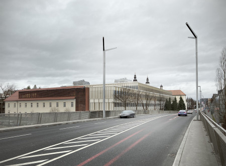 Foto-realističen prikaz pogleda na novo fakulteto z bližnje ceste. 