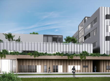 Modelirana fotografija novega objekta Veterinarske fakultete, pogled s strani.