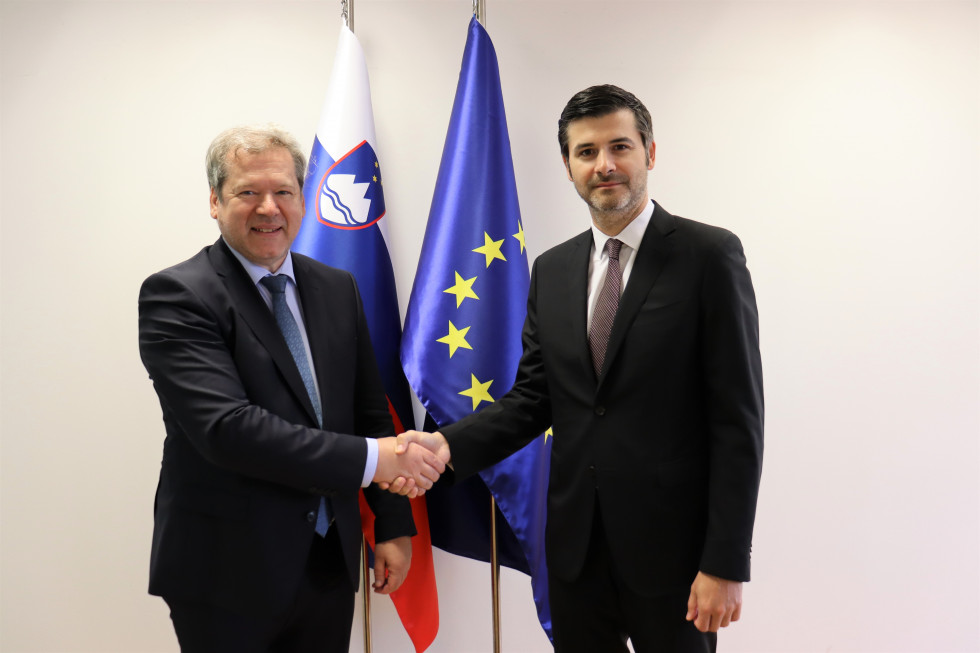 Rokovanje ministra dr. Papiča in veleposlanika Romunije gospoda Grădinarja, v ozadju slovenska in evropska zastava.