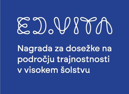 Logotip ED.VITA na modrem ozadju z napisom  napis: »Prva nacionalna nagrada za dosežke na področju trajnostnosti v visokem šolstvu.«