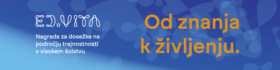 Modro-oranžen promocijski banner z abstraktnim ozadjem v modrih odtenkih in oblikami v obliki kapljic. Na levi strani je logotip ‘ED.VITA, na desni napis Od znanja k življenju.