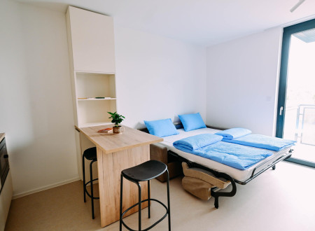 Prostor z zložljivo posteljo, visokim lesenim pultom s stolčki ter veliko stekleno steno, ki vodi na balkon.