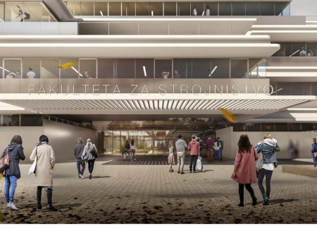 Vizualizacija vhodnega dela sodobne večnadstropne stavbe fakultete, pred katero po dvorišču hodijo obiskovalci.
