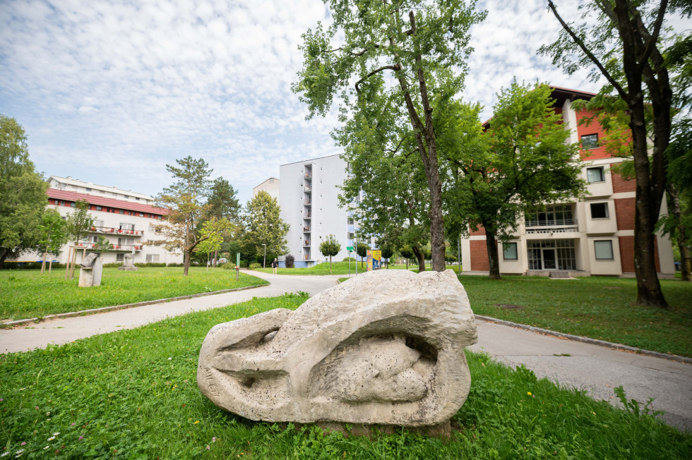 Park v študentskem naselju Rožna dolina, v ozadju študentski domovi.
