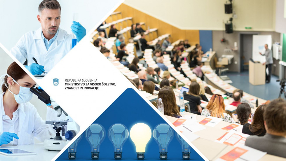 A collage of thematic photos from the fields of research, innovation, science and higher education. In the middle, the logo of the Ministry of Higher Education, Science and Innovation.