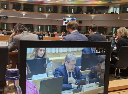 Sejna dvorana EU, na monitorju govor ministra Papiča.