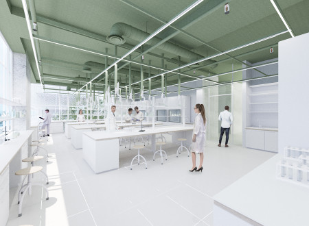 Vizualizacija laboratorija z delovnimi pulti, prezračevalnimi sistemi in raziskovalno opremo.