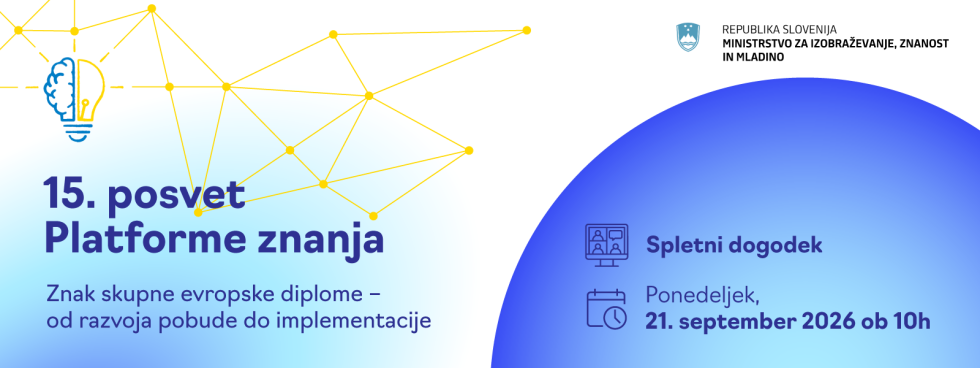 Slika je ilustrativna. 15. posvet Platforme znanja, ki bo 21. septembra 2026, potekal na spletu, z logotipom Ministrstva za izobraževanje, znanost in mladino.