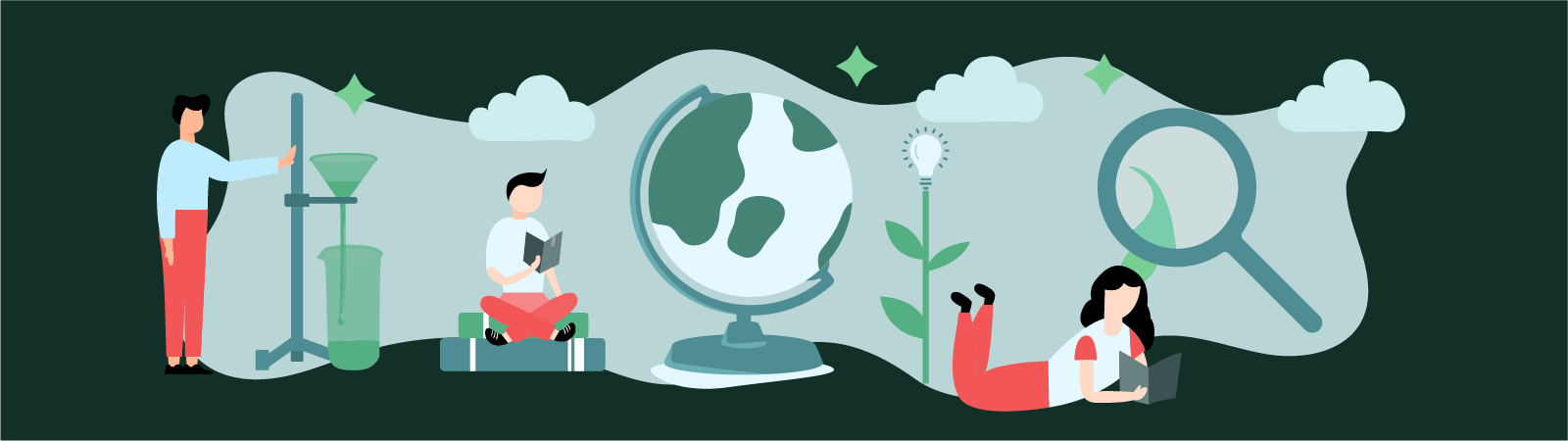 Ilustracija globusa, rastlin, eksperimenta, raziskav in učenja v oblačku.