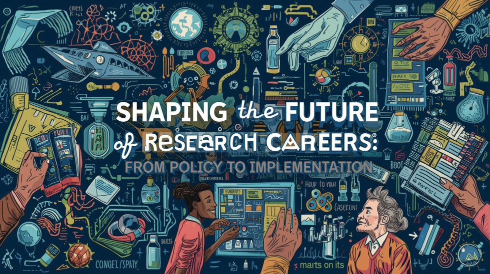 Ilustracija z naslovom »Shaping the Future of Research Careers: From Policy to Implementation«, ki prikazuje raznolike raziskovalne dejavnosti, znanstvene simbole in sodelovanje med ljudmi pri oblikovanju prihodnosti raziskovalnih karier.