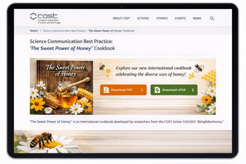 Zajem zaslona spletne strani Evropske organizacije za sodelovanje v znanosti in tehnologiji o kuharski knjigi The Sweet Power of Honey, ki promovira komuniciranje znanosti o čebelah.