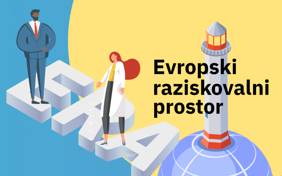 na črkah ERA stoji znanstvenik, oblečen v belo haljo, ob svetilniku, ki predstavlja metaforo  za vodilno pobudo, inspiracijo.