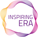 Logotip z napisom 'Inspiring ERA' v vijolični barvi, obdan z dinamično valovito obliko v odtenkih vijolične, rožnate, oranžne in rumene.