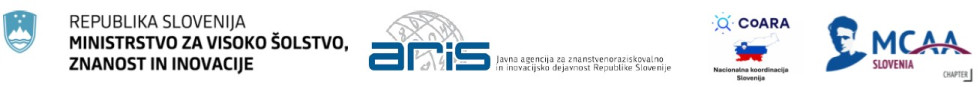 logotipi organizatorjev dogodka: Minstsrtvo za znanost, Agencija za znanstvenoraziskovalno in inovacijsko dejavnost, CoARA in MSCA