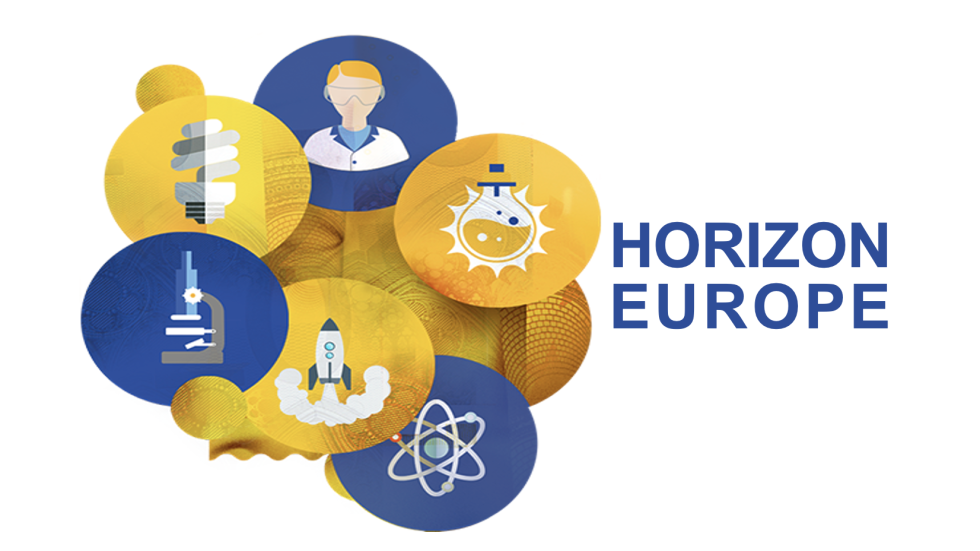 Program Horizon Europe – simboli znanosti in raziskav v modro-rumeni barvni shemi