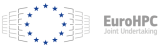 Logotip EuroHPC Joint Undertaking: krog 12 zvezd, ki simbolizira Evropsko unijo, obdan s stiliziranimi strežniki na obeh straneh, z napisom 'EuroHPC Joint Undertaking' na desni strani.