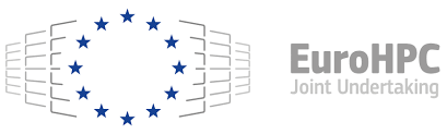 Logotip EuroHPC Joint Undertaking: krog 12 zvezd, ki simbolizira Evropsko unijo, obdan s stiliziranimi strežniki na obeh straneh, z napisom 'EuroHPC Joint Undertaking' na desni strani.