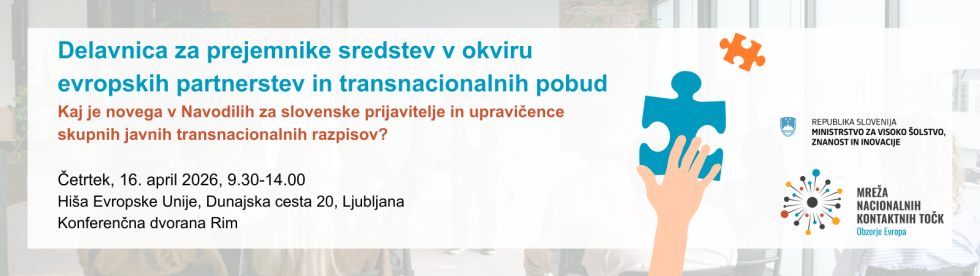 Plakat za delavnico o evropskih partnerstvih (16. april 2026, Ljubljana) z osnovnimi podatki o dogodku in logotipi organizatorjev.