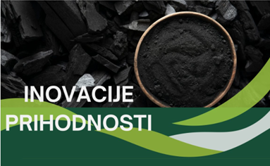 Okrogel lesen krožnik s temno snovjo, postavljen na kup črnega premoga, z napisom »INOVACIJE PRIHODNOSTI« na zeleni pasici.