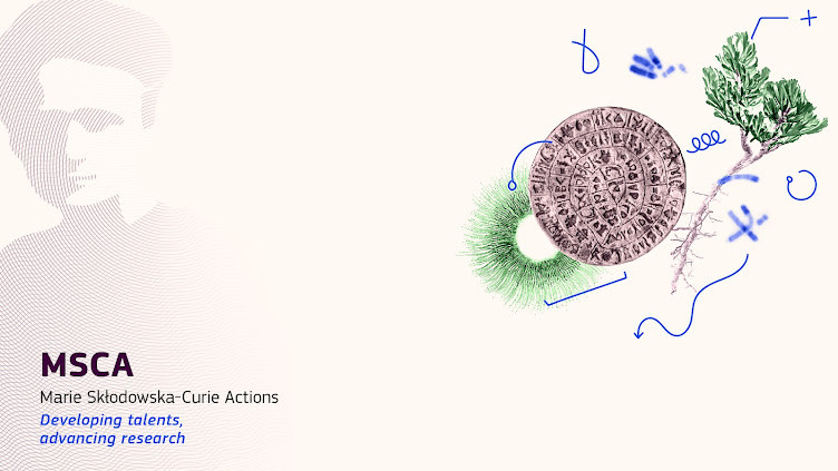 Pasica Marie Skłodowska-Curie Actions s shematskim portretom Marie Skłodowska-Curie.