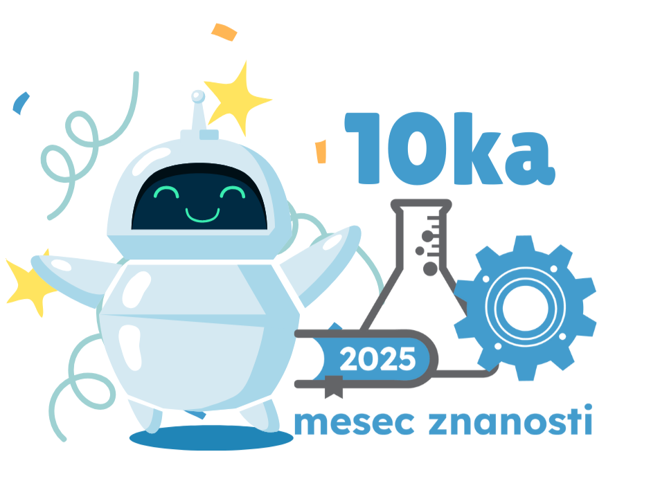 Ilustracija robota z odprtimi rokami ob laboratorijski bučki in zobniku ter napis »Mesec znanosti 2025 – 10ka«, ki simbolizira deseto izvedbo Meseca znanosti.