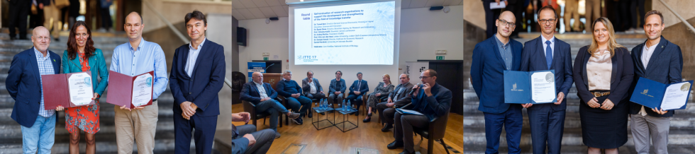 Utrinki z Mednarodne konference o prenosu tehnologij: udeleženci z listinami ob podelitvi priznanj, razprava na okrogli mizi z raziskovalci in predstavniki gospodarstva ter skupinski portreti nagrajencev in organizatorjev.