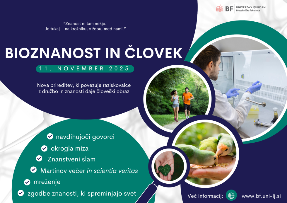 Plakat prireditve Bioznanost in človek z naslovno temo »Komu (še) zaupamo? Znanost v dobi umetne inteligence in TikToka«, ki bo potekala 11. novembra 2025 na Biotehniški fakulteti Univerze v Ljubljani v okviru Meseca znanosti 2025.