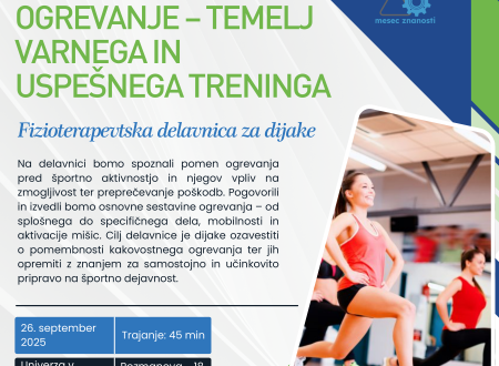 Plakat delavnice “Ogrevanje – temelj varnega in uspešnega treninga”, ki jo Univerza v Novem mestu organizira v okviru Meseca znanosti 2025. Plakat vključuje datum, lokacijo in informacije o prijavi.