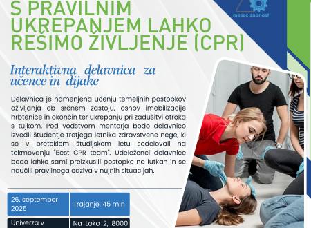 Plakat delavnice “S pravilnim ukrepanjem lahko rešimo življenje (CPR)”, ki jo Univerza v Novem mestu pripravlja v okviru Meseca znanosti 2025. Na sliki so osnovne informacije o terminu, lokaciji in prijavi.