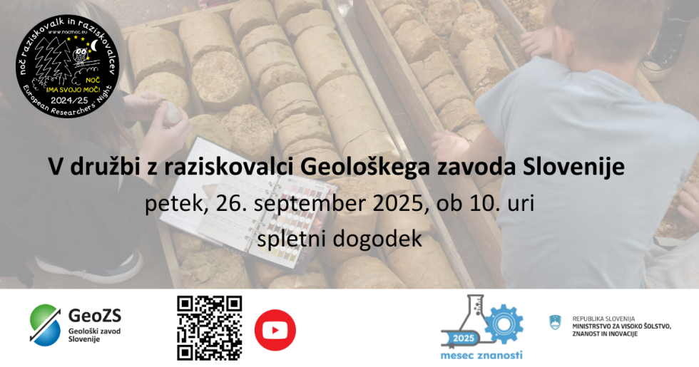 Promocijska grafika za spletni dogodek »V družbi z raziskovalci Geološkega zavoda Slovenije«, ki bo potekal v petek, 26. septembra 2025, ob 10. uri. V ozadju so prikazani otroci, ki si ogledujejo geološke vzorce kamnin.
