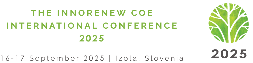 Logotip Mednarodne konference InnoRenew CoE 2025 z zeleno stilizirano podobo drevesa in napisom »The InnoRenew CoE International Conference 2025, 16–17 September 2025, Izola, Slovenia«