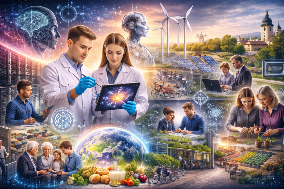 Kolaž z raziskovalkami in raziskovalci pri laboratorijskem delu, družinami in starejšimi udeleženci, digitalnimi tehnologijami, umetno inteligenco, trajnostnimi rešitvami in prizori iz slovenskega okolja.