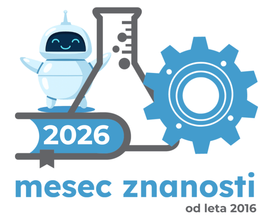 Ilustracija za Mesec znanosti 2026: stiliziran robot ob laboratorijski bučki in zobniku, z napisom »2026 – mesec znanosti, od leta 2016«.