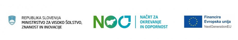 Logotipi Ministrstvo za visoko šolstvo, znanost in inovacije, Načrt za okrevanje in odpornost in Evropska Unija