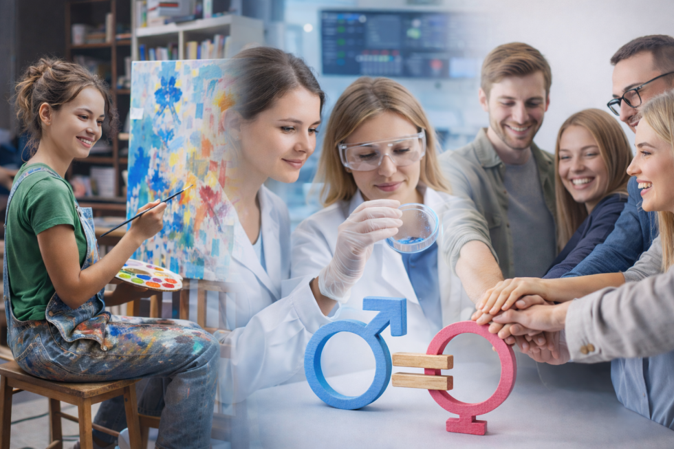 Ilustrativna fotografija umetniškega ustvarjanja, znanstvenega dela v laboratoriju in sodelovanja skupine ljudi ob simbolih za enakost spolov.