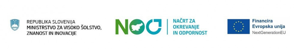 Logotip Ministrstva za visoko šolstvo, znanost in inovacije, logotip načrta za okrevanje in odpornost in logotip Evropske unije NextGenerationEU