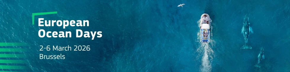 Zajem zaslona spletne predstavitve dogodka EU Ocean Days z logotipom dogodka in navedbo evropske misije za obnovo oceanov in voda.