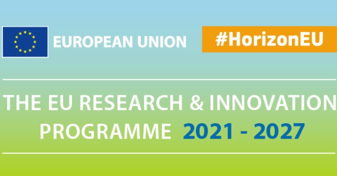 Logotip Evropske unije in napis »European Union« ter oznaka #HorizonEU. Spodaj besedilo »The EU Research & Innovation Programme 2021–2027« na zeleno-modrem ozadju.