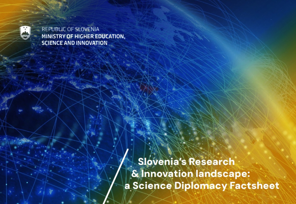 The image shows the cover page of a publication by the Ministry of Higher Education, Science and Innovation of the Republic of Slovenia. The background features a nighttime map of Europe.
