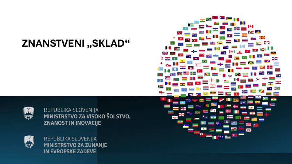 Logotip z besedilom »Znanstveni ››sklad‹‹«, v ozadju polkrožna sestavljena podoba iz več sto državnih zastav; spodaj logotipa Ministrstva za visoko šolstvo, znanost in inovacije ter Ministrstva za zunanje in evropske zadeve Republike Slovenije.