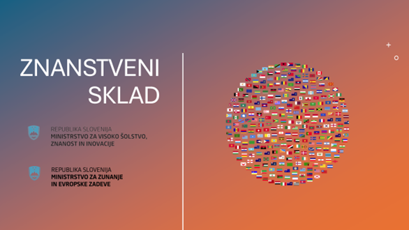 Oranžen kvadrat z napisom Znansvteni sklad in logotipoma dveh ministsrtev, ki ga izvajata: ministsrtvo za znanost in Ministrstvo za zunanje zadeve in enake možnosti
