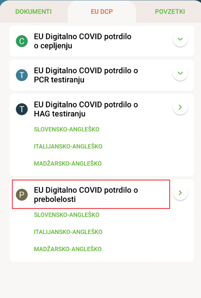 Slika aplikacije zVem, kjer se nahaja EU digitalno covid potrdilo o prebolevnosti